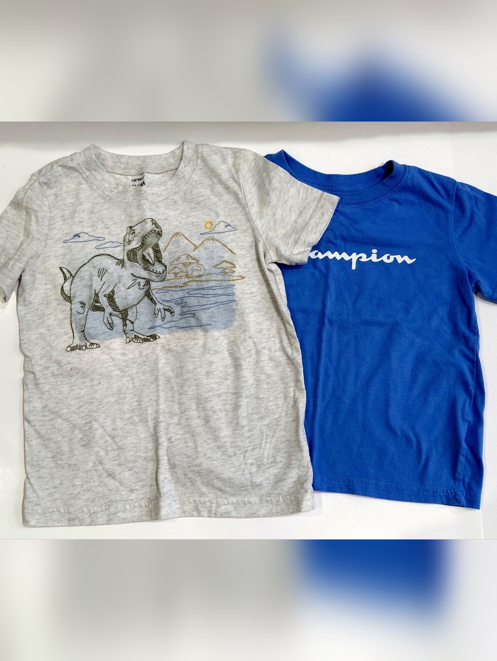 Champion& Carter's Blue Kids' Tee & Light Gray Dinosaur Print Tee Size 4T 2 Pack